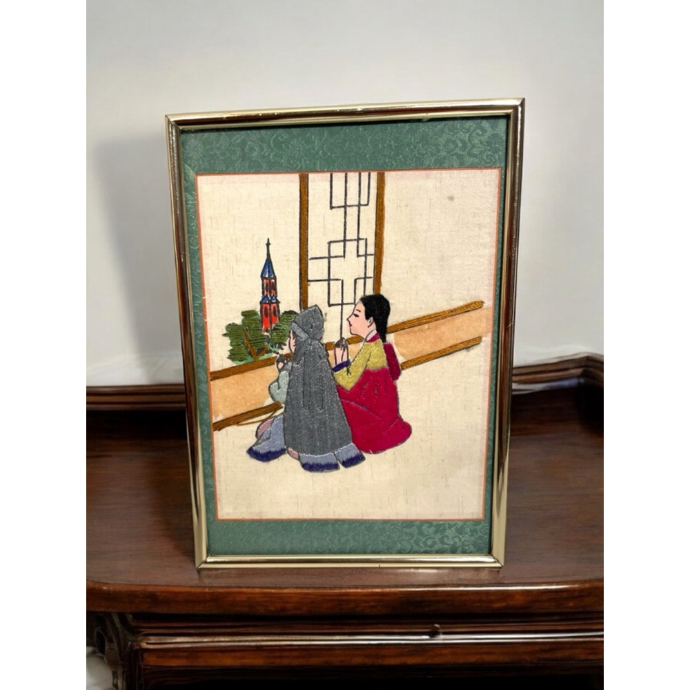Asian Korean Silk Emboidery? Framed artwork Picture Church Religious Children